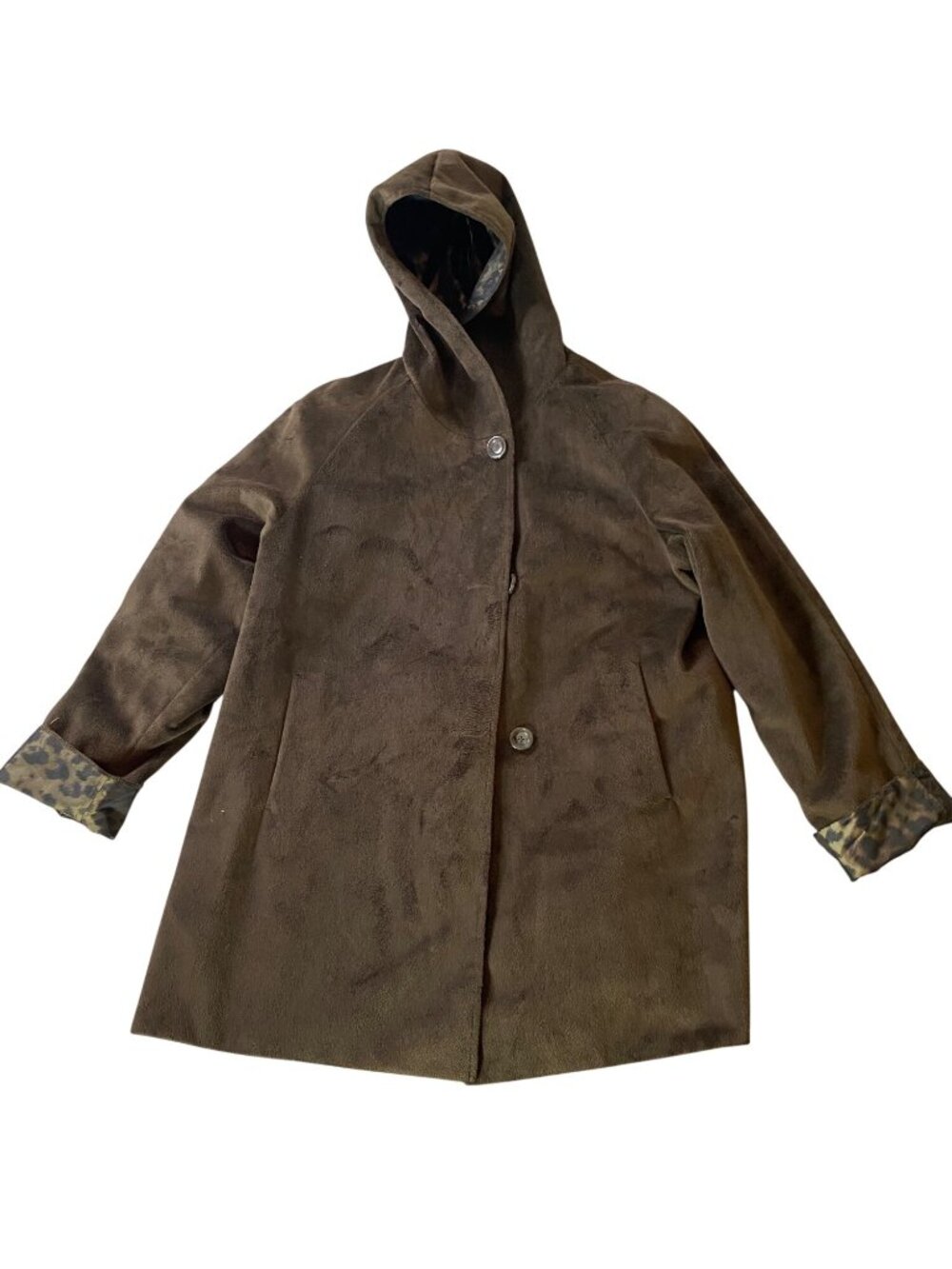 Dennis Basso Reversible Hooded Brown Faux Suede Leopard Coat Large - Picture 2 of 11